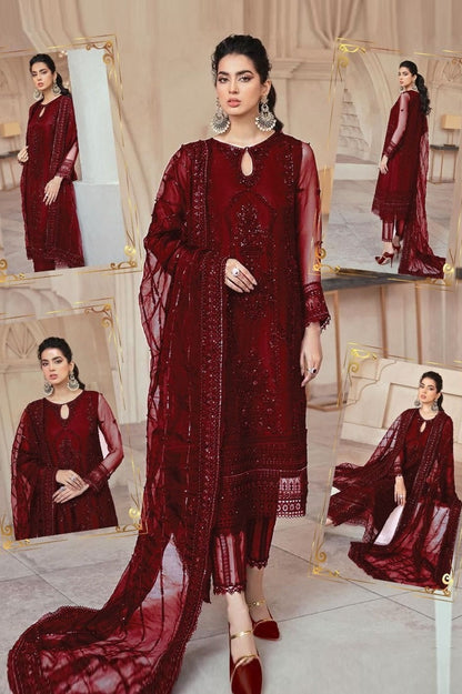 3 Piece Net Suit with Silk Trouser & Embroidered Dupatta