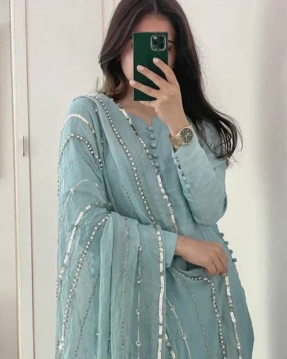 Designer Fancy Wrinkled Delta Fabric Top And Dupatta With Lace Work Umbrella Plazo Fit