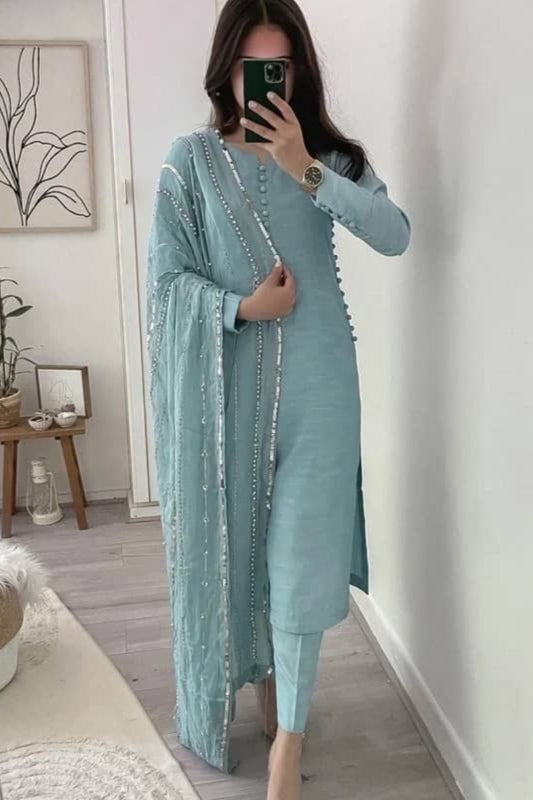 Designer Fancy Wrinkled Delta Fabric Top And Dupatta With Lace Work Umbrella Plazo Fit