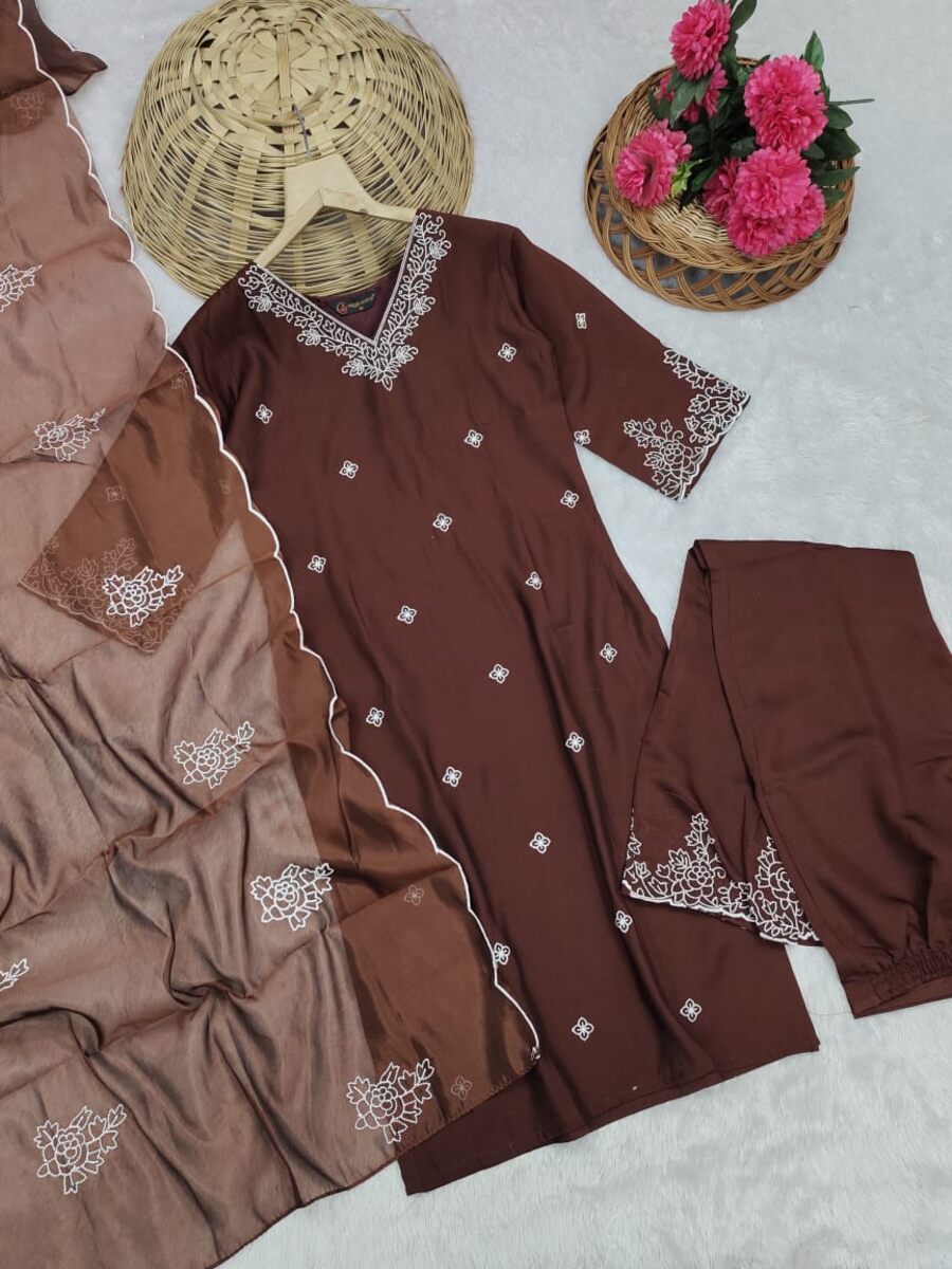 LATEST VISCOSE CHANDERI EMBROIDERY WORK TOP BOTTOM WITH DUPATTA BROWN