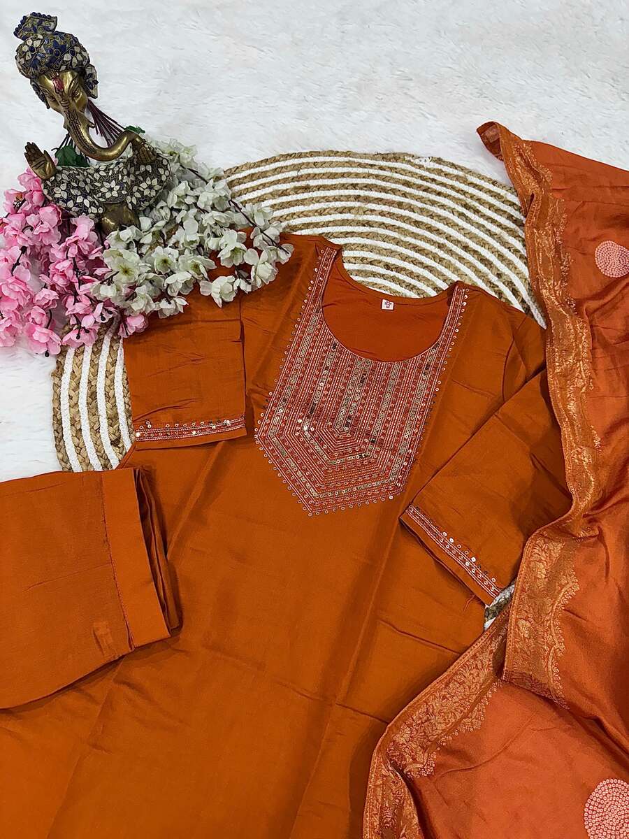 MOST PICKED CHANDERI SILK EMBROIDERY SEQUENCE WORK TOP BOTTOM WITH JACQUARD WORK DUPATTA ORANGE