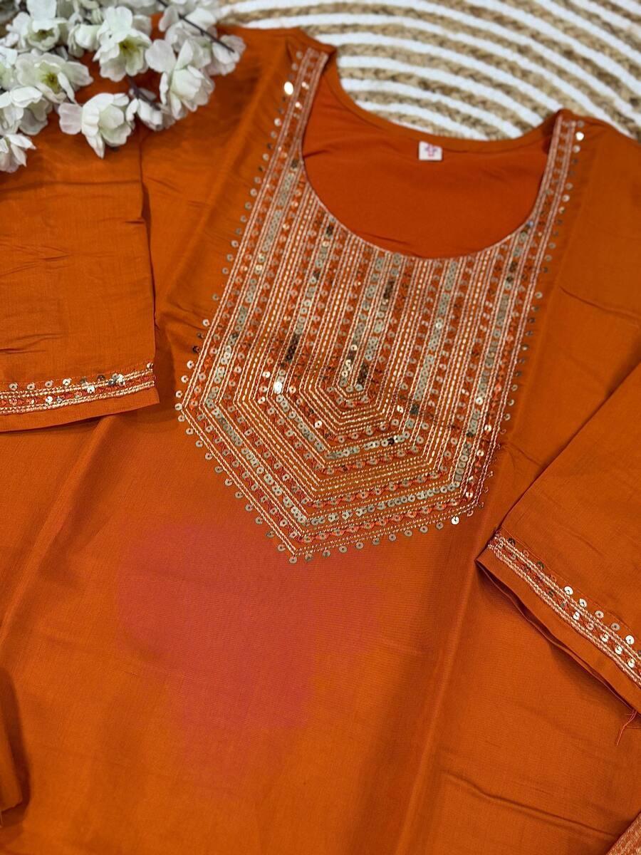 MOST PICKED CHANDERI SILK EMBROIDERY SEQUENCE WORK TOP BOTTOM WITH JACQUARD WORK DUPATTA ORANGE