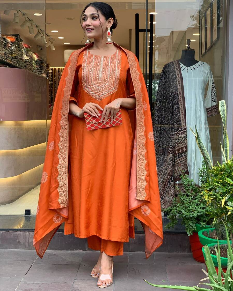 MOST PICKED CHANDERI SILK EMBROIDERY SEQUENCE WORK TOP BOTTOM WITH JACQUARD WORK DUPATTA ORANGE