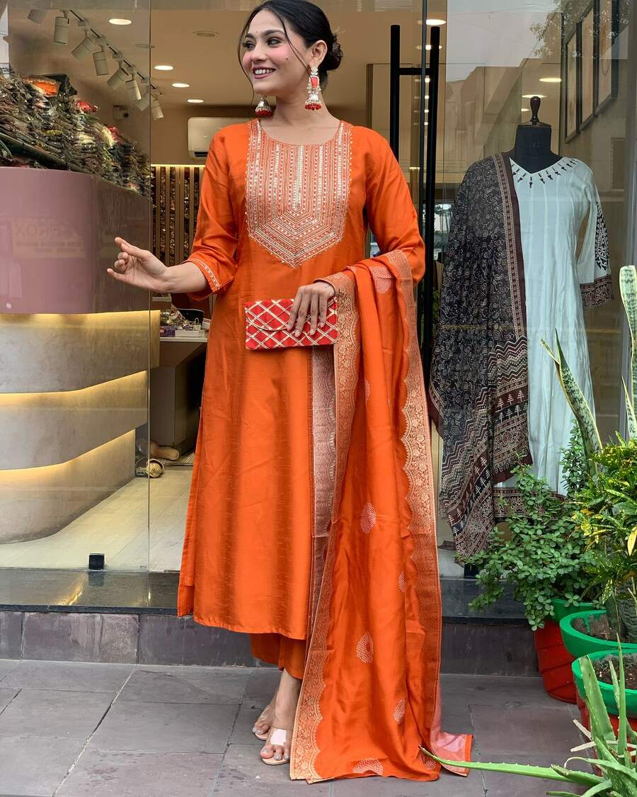 MOST PICKED CHANDERI SILK EMBROIDERY SEQUENCE WORK TOP BOTTOM WITH JACQUARD WORK DUPATTA ORANGE