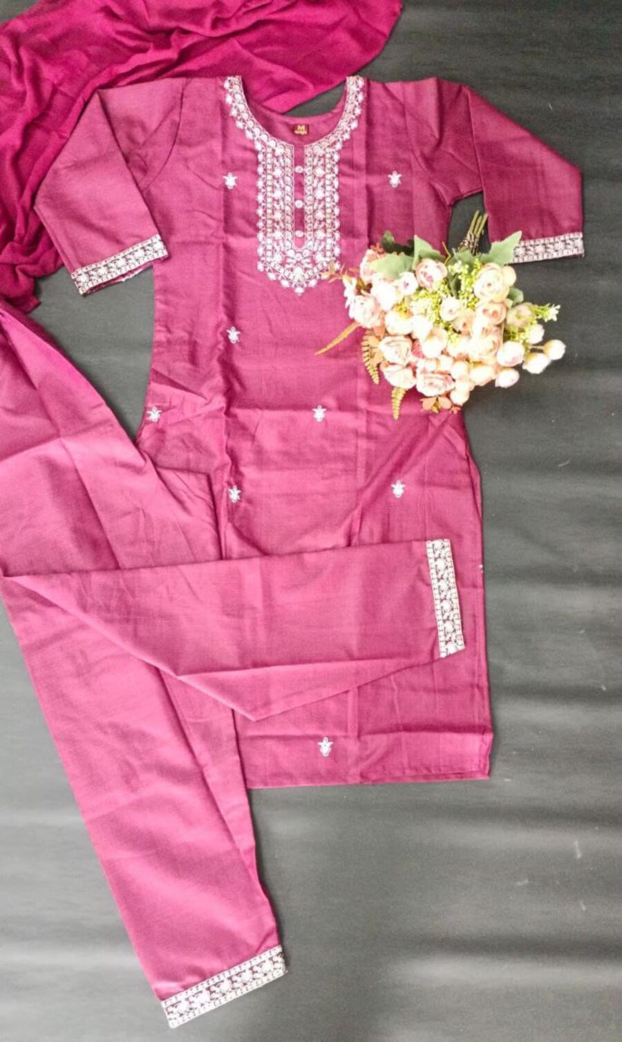 NEW ARRIVAL COTTOM EMBROIDERY WORK TOP BOTTOM WITH DUPATTA PINK