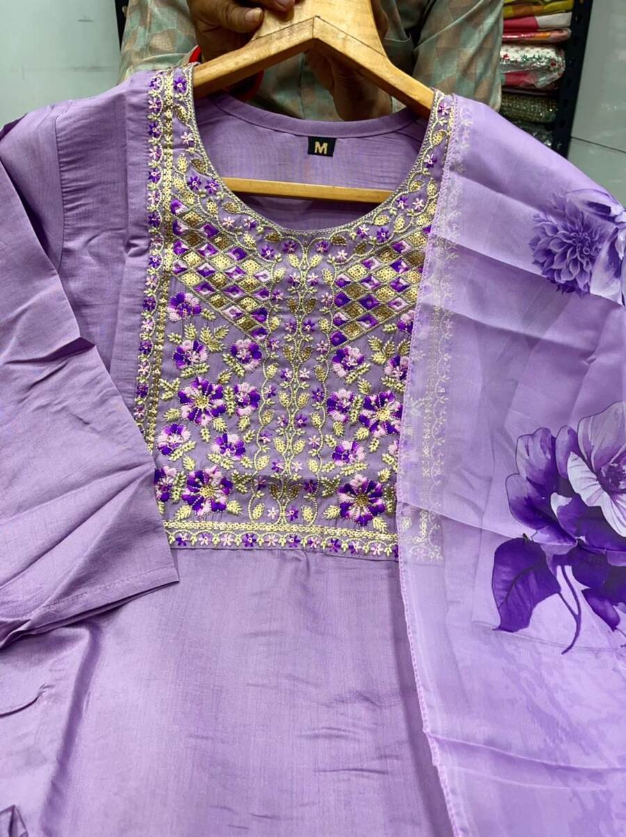 NEW ARRIVAL ROMAN SILK EMBROIDERY WORK TOP BOTTOM WITH DUPATTA LAVENDER