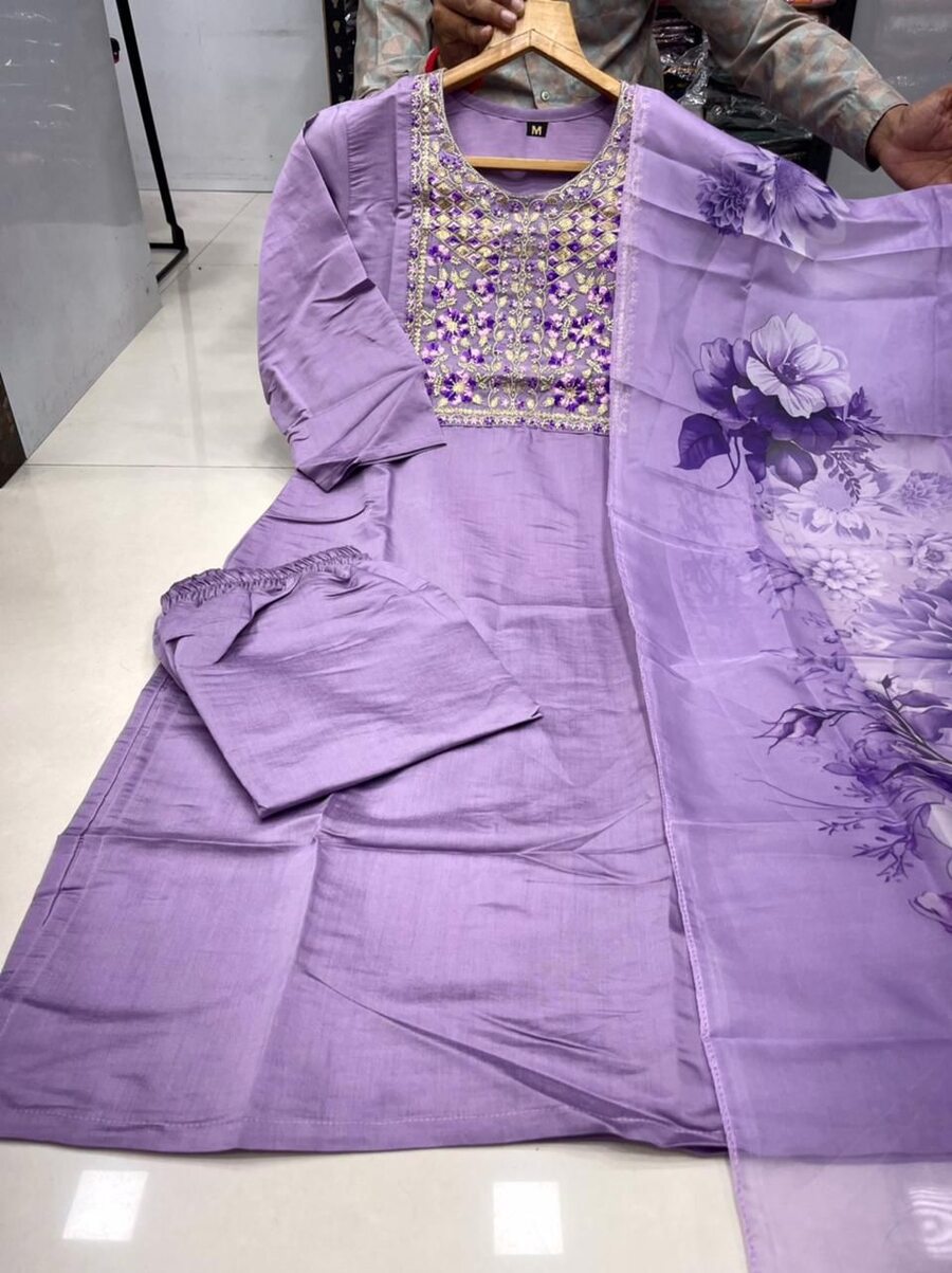 NEW ARRIVAL ROMAN SILK EMBROIDERY WORK TOP BOTTOM WITH DUPATTA LAVENDER