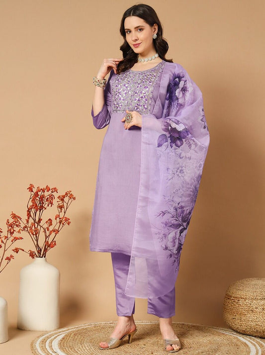 NEW ARRIVAL ROMAN SILK EMBROIDERY WORK TOP BOTTOM WITH DUPATTA LAVENDER