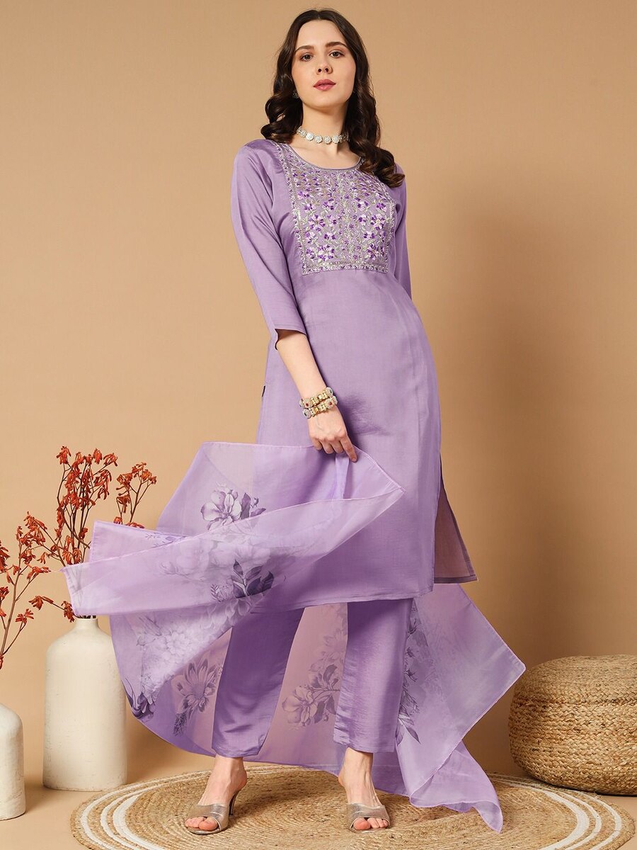 NEW ARRIVAL ROMAN SILK EMBROIDERY WORK TOP BOTTOM WITH DUPATTA LAVENDER