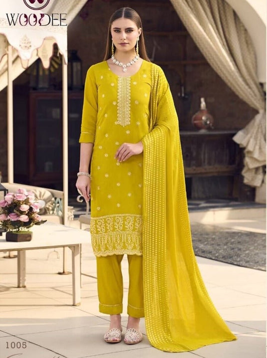 NEW ARRIVAL ROMAN SILK SEQUENCE CODING WORK TOP BOTTOM WITH DUPATTA YELLOW