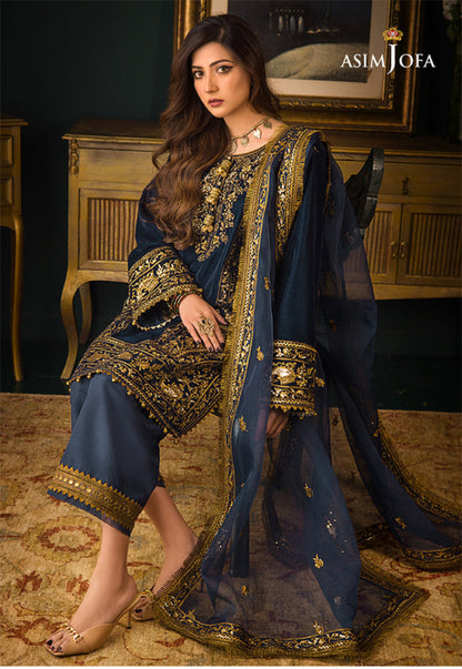 Asim Jofa Velvet Collection | Blue & Green Embroidered 3-Piece Suit | Master Replica