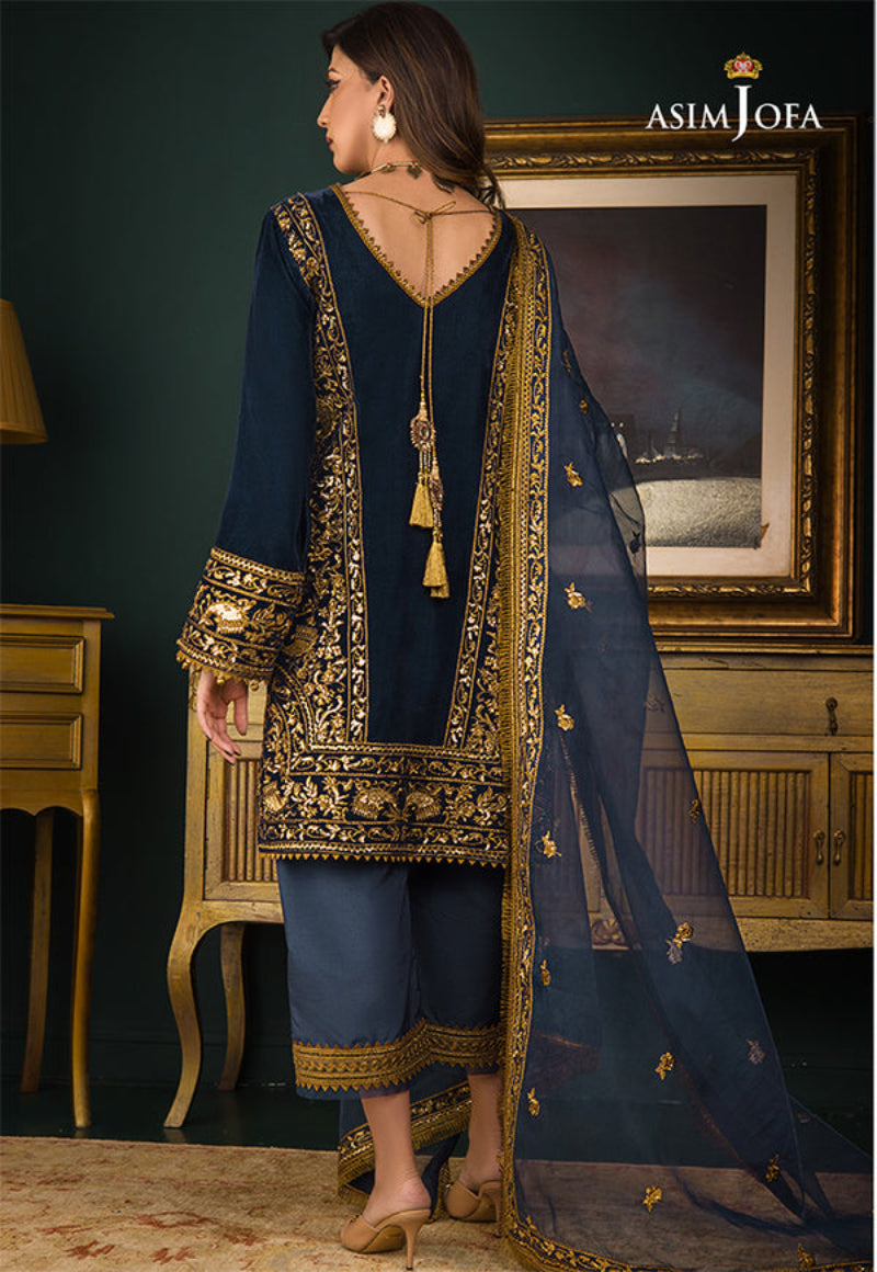 Asim Jofa Velvet Collection | Blue & Green Embroidered 3-Piece Suit | Master Replica
