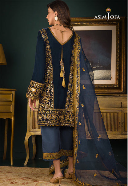 Asim Jofa Velvet Collection | Blue & Green Embroidered 3-Piece Suit | Master Replica