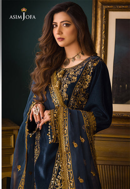 Asim Jofa Velvet Collection | Blue & Green Embroidered 3-Piece Suit | Master Replica