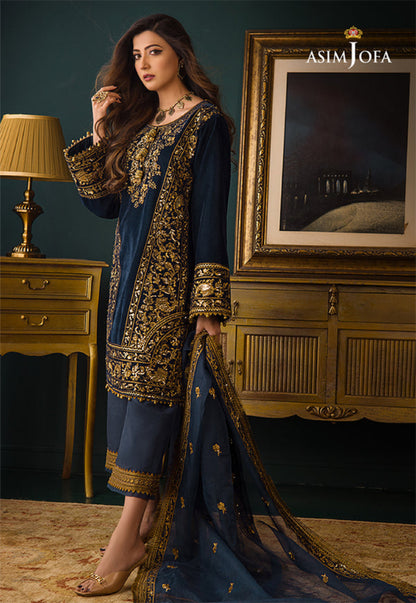 Asim Jofa Velvet Collection | Blue & Green Embroidered 3-Piece Suit | Master Replica