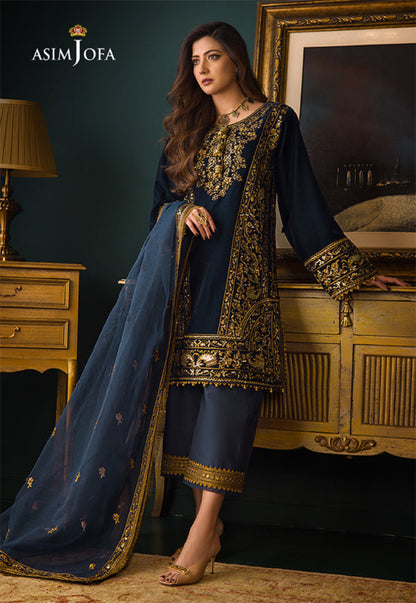 Asim Jofa Velvet Collection | Blue & Green Embroidered 3-Piece Suit | Master Replica