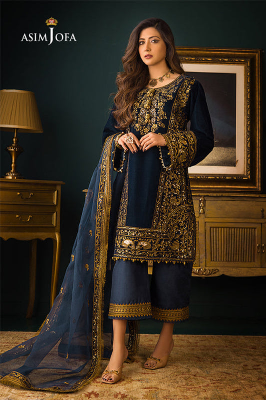 Asim Jofa Velvet Collection | Blue & Green Embroidered 3-Piece Suit | Master Replica