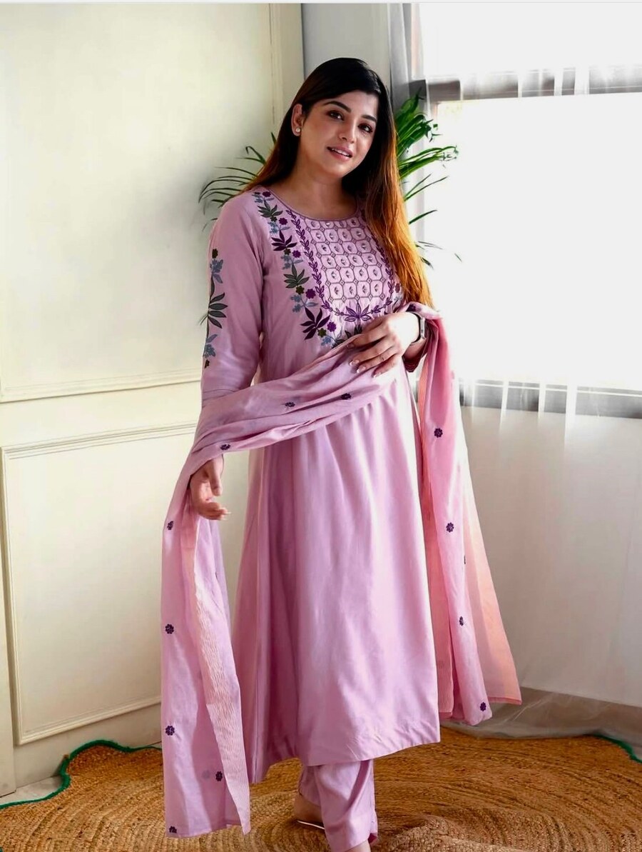 RICH LOOK CHANDERI SILK EMBROIDERY WORK TOP BOTTOM WITH DUPATTA BABY PINK