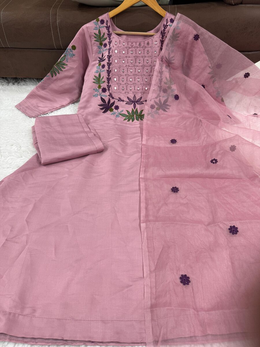 RICH LOOK CHANDERI SILK EMBROIDERY WORK TOP BOTTOM WITH DUPATTA BABY PINK