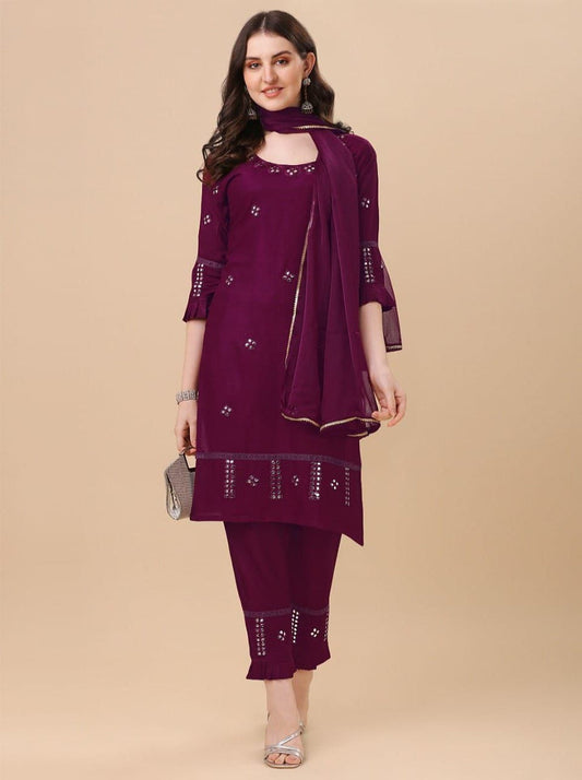 RICH LOOK RAYON PAPER MIRROR WORK TOP BOTTOM WITH DUPATTA WINE