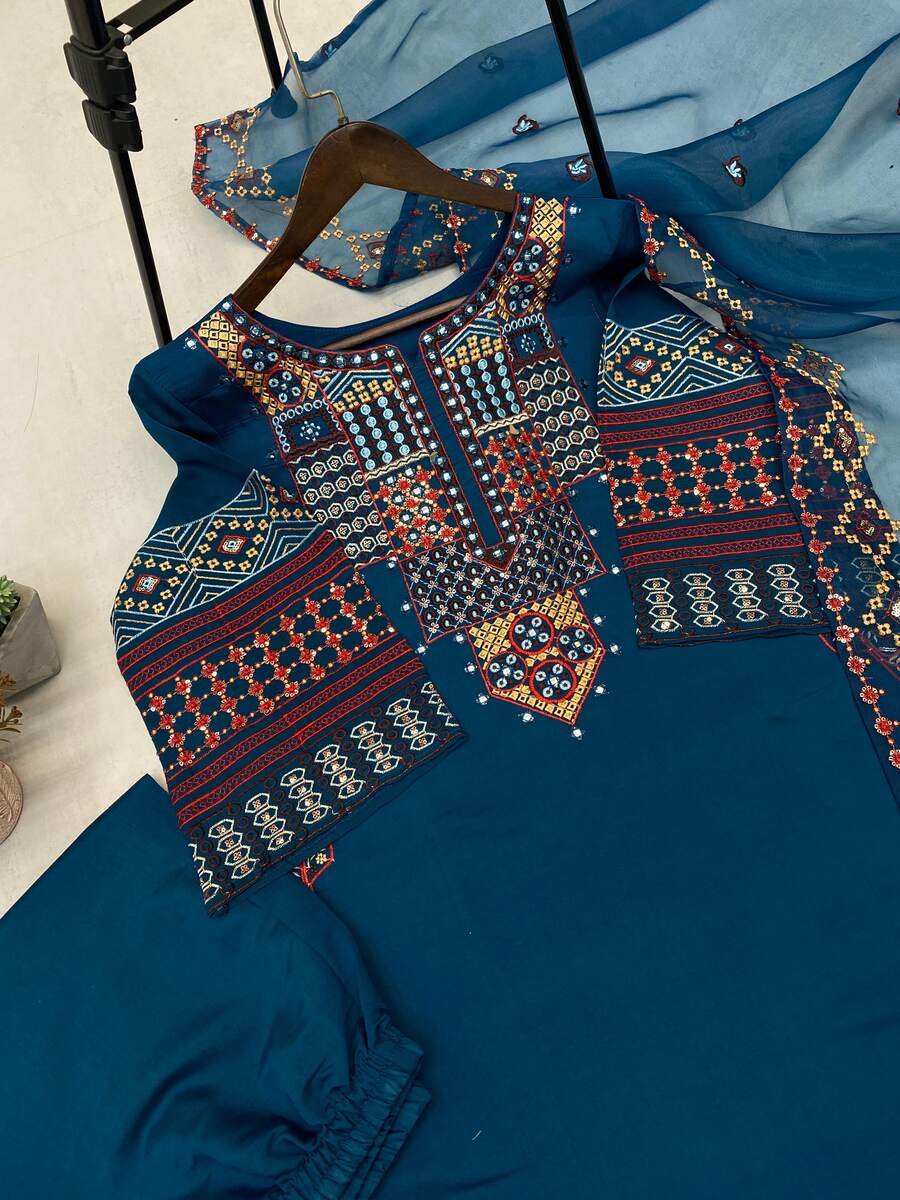 RICH LOOK ROMAN SILK SEQUENCE EMBROIDERY WITH FOIL PAPER WORK TOP BOTTOM WITH DUPATTA BLUE