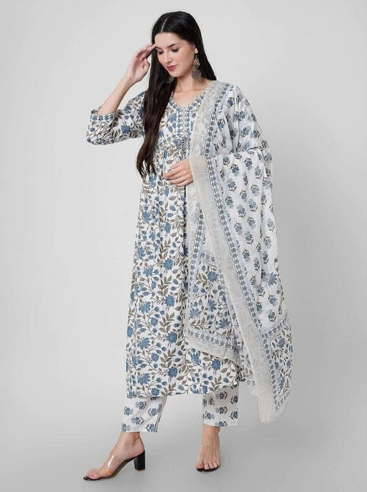 TRENDING COTTON BLEND PRINTED TOP BOTTOM WITH DUPATTA WHITE