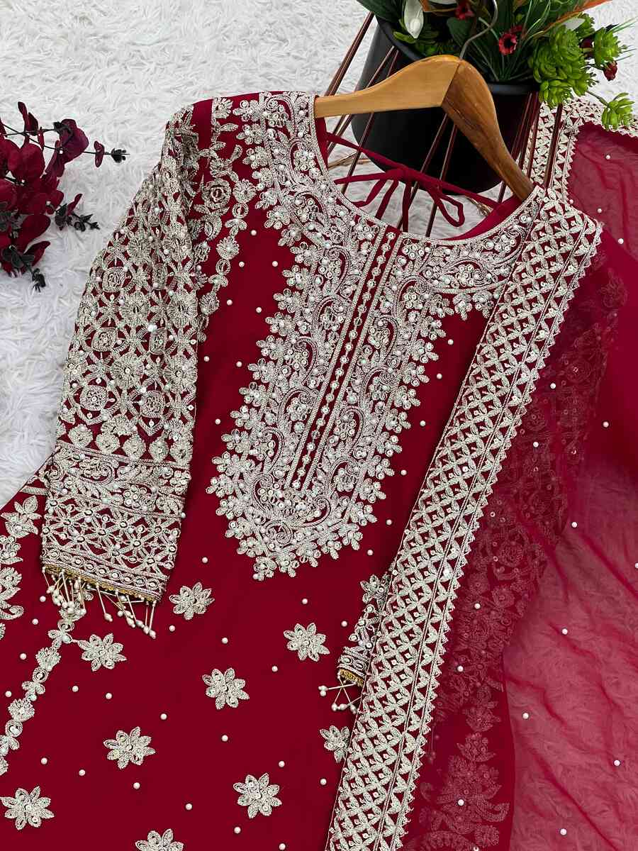 TRENDING GEORGETTE EMBROIDERY SEQUENCE WORK TOP BOTTOM WITH DUPATTA MAROON