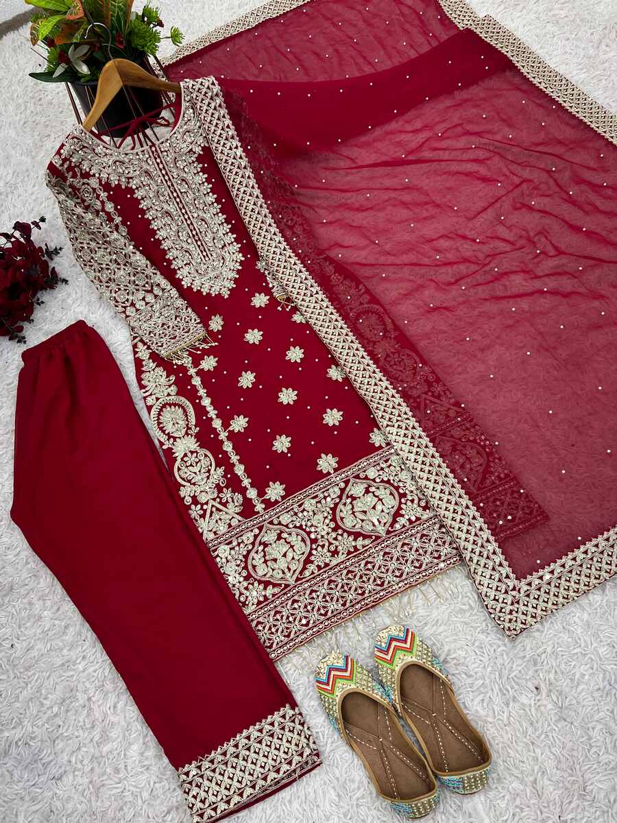 TRENDING GEORGETTE EMBROIDERY SEQUENCE WORK TOP BOTTOM WITH DUPATTA MAROON