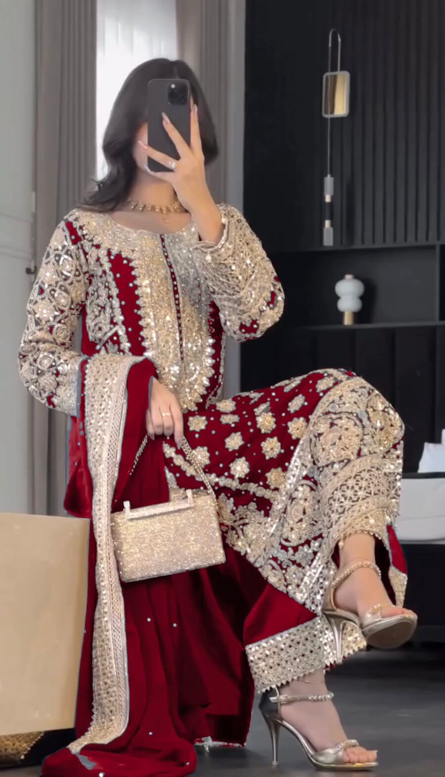 TRENDING GEORGETTE EMBROIDERY SEQUENCE WORK TOP BOTTOM WITH DUPATTA MAROON