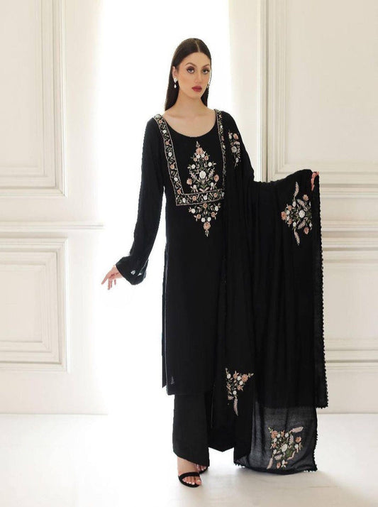 TRENDING GEORGETTE EMBROIDERY WORK TOP BOTTOM WITH DUPATTA BLACK