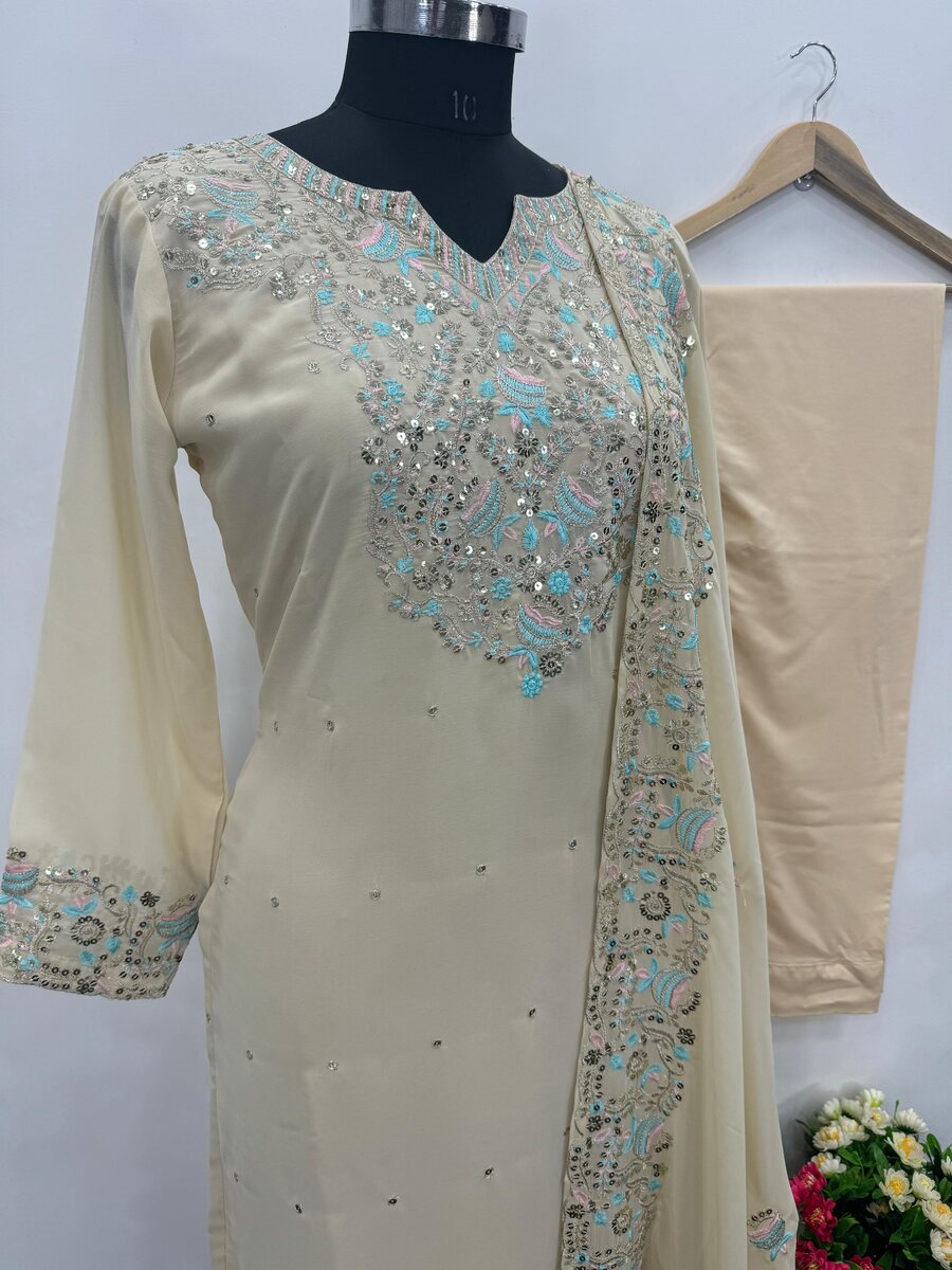 TRENDING GEORGETTE EMBROIDREY SEQUENCE WORK TOP BOTTOM WITH DUPATTA CREAM