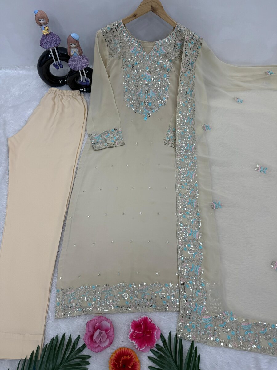 TRENDING GEORGETTE EMBROIDREY SEQUENCE WORK TOP BOTTOM WITH DUPATTA CREAM