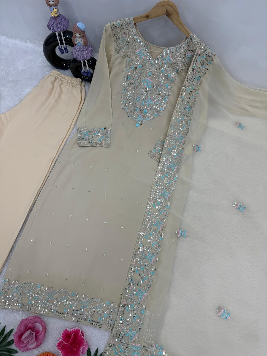 TRENDING GEORGETTE EMBROIDREY SEQUENCE WORK TOP BOTTOM WITH DUPATTA CREAM