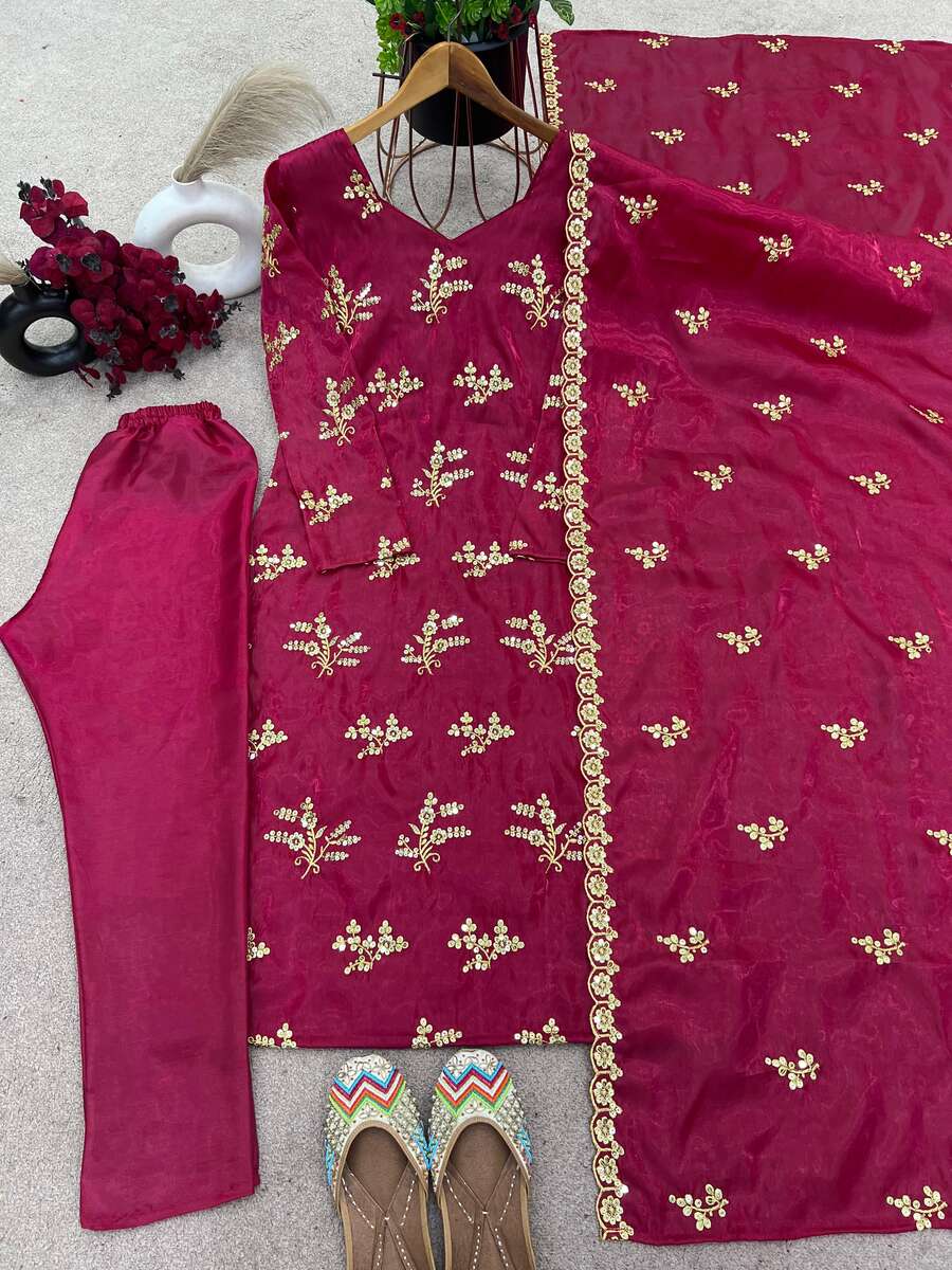 TRENDING GOLD CRUSH EMBROIDERY SEQUENCE WORK TOP BOTTOM WITH DUPATTA MARRON