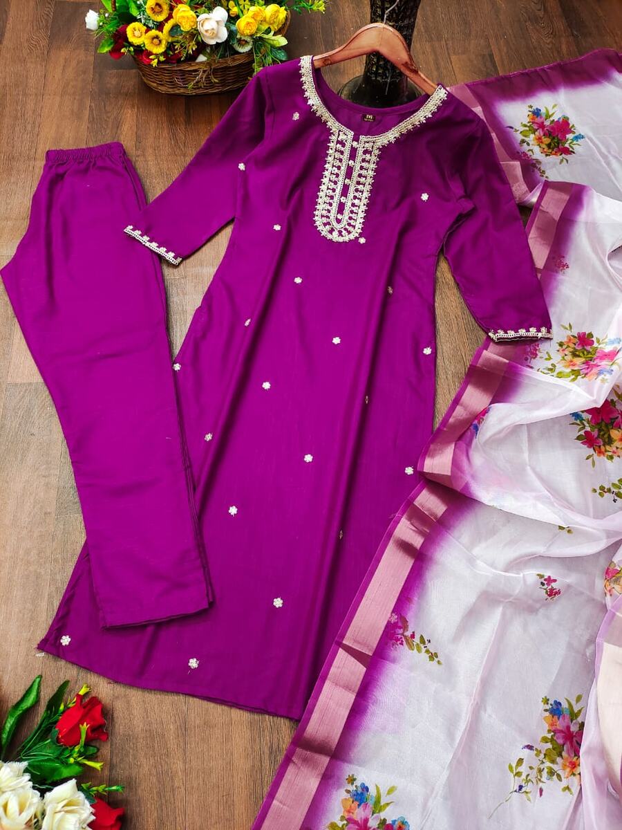 RENDING RAYON SLUB CODING WORK TOP BOTTOM WITH DUPATTA PURPLE