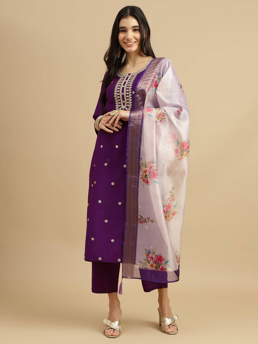 RENDING RAYON SLUB CODING WORK TOP BOTTOM WITH DUPATTA PURPLE