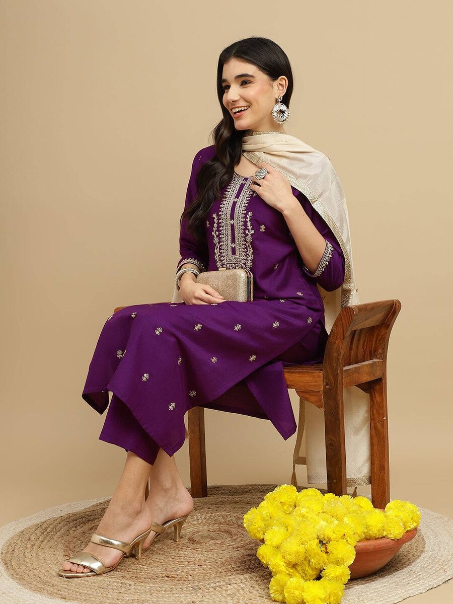 RENDING RAYON SLUB CODING WORK TOP BOTTOM WITH DUPATTA PURPLE