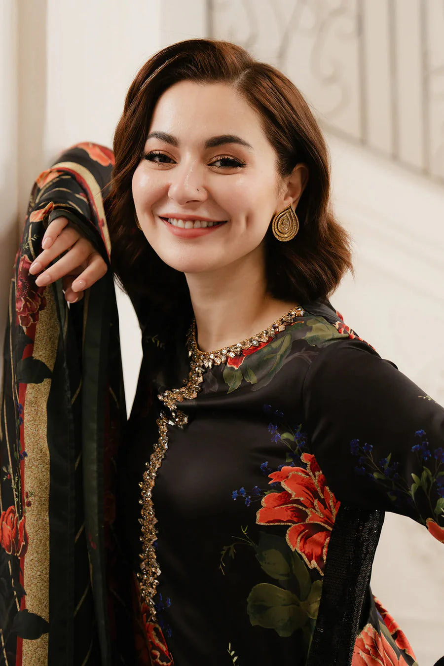 3 Piece Printed Raw Silk Suit with Striped Dupatta