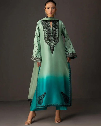 3 Piece Embroidered Silk Suit with Chiffon Dupatta