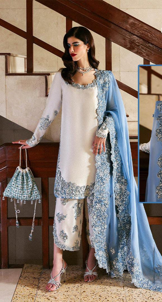 3 Piece Embroidered Raw Silk Suit with Organza Dupatta