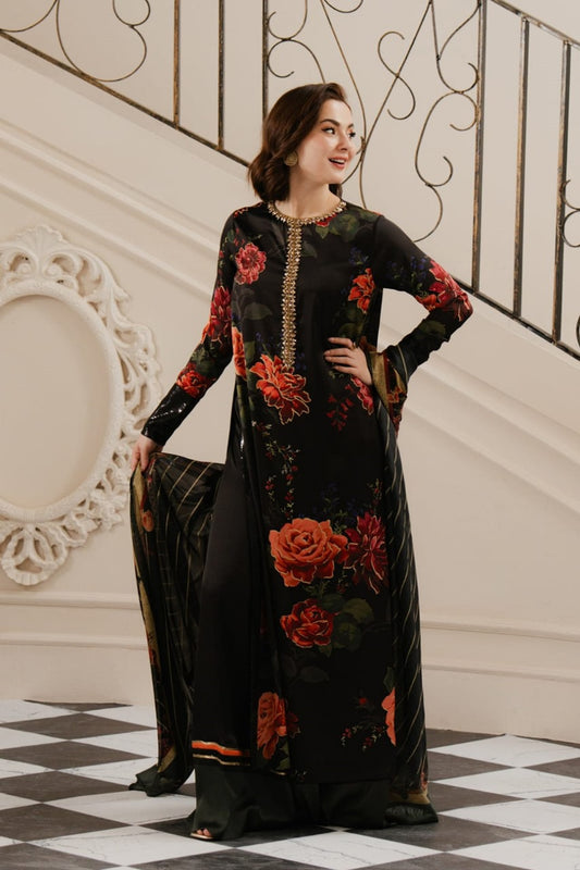 3 Piece Printed Raw Silk Suit with Striped Dupatta