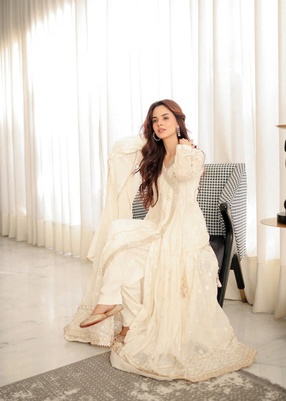 03-Piece Off White Chiffon Maxi