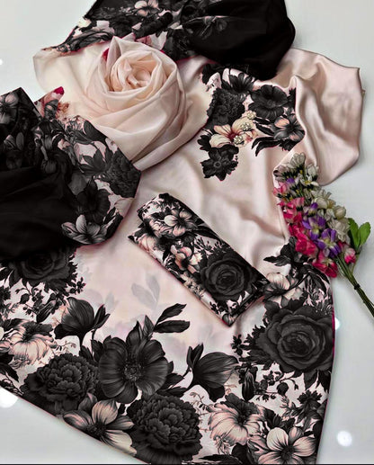 3 Piece Floral Digital Printed Silk Suit