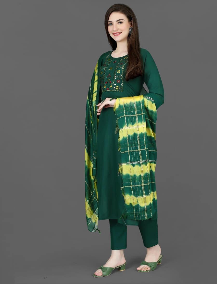 FORMAL WEAR COTTON EMBROIDERY WORK TOP BOTTOM WITH DUPATTA GREEN