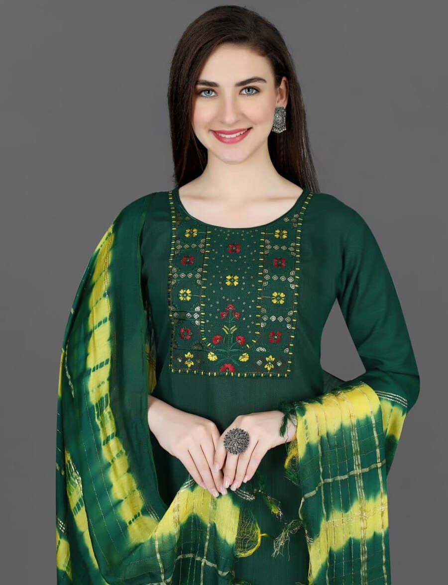 FORMAL WEAR COTTON EMBROIDERY WORK TOP BOTTOM WITH DUPATTA GREEN