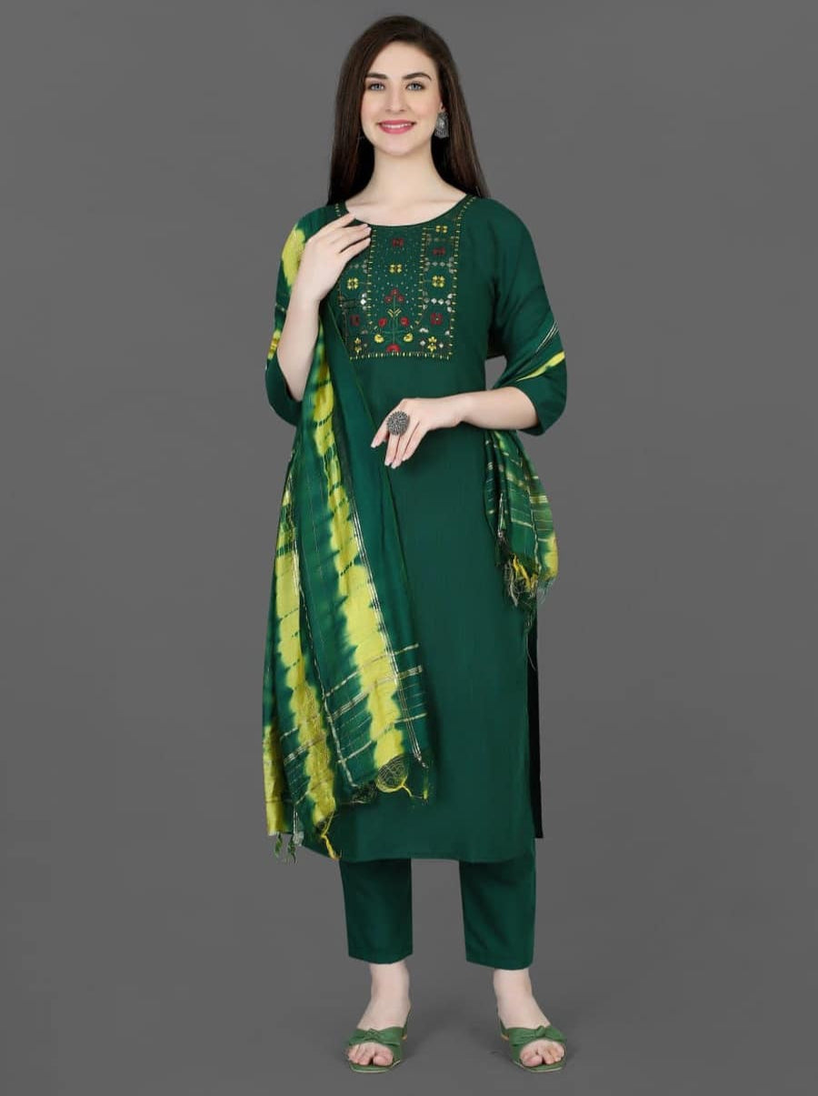 FORMAL WEAR COTTON EMBROIDERY WORK TOP BOTTOM WITH DUPATTA GREEN