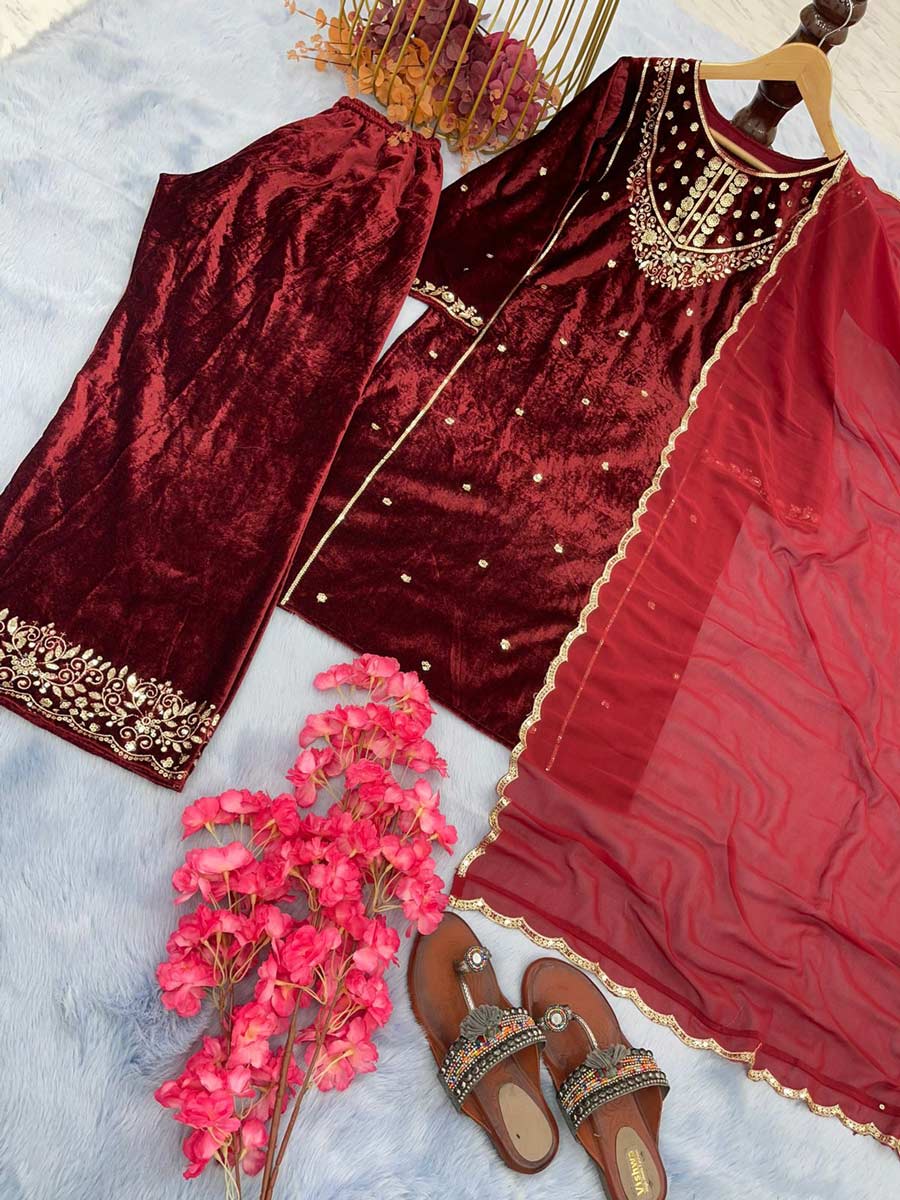 PARTY WEAR VELVET EMBROIDERY SEQUENCE WORK TOP PALAZZO WITH DUPATTA RED