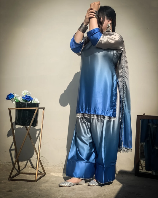 3 Piece Satin Silk Suit with Contrast Dupatta