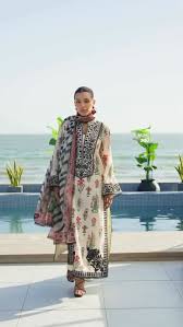3 Piece Printed Lawn Suit with Embroidered Neckline & Chiffon Dupatta