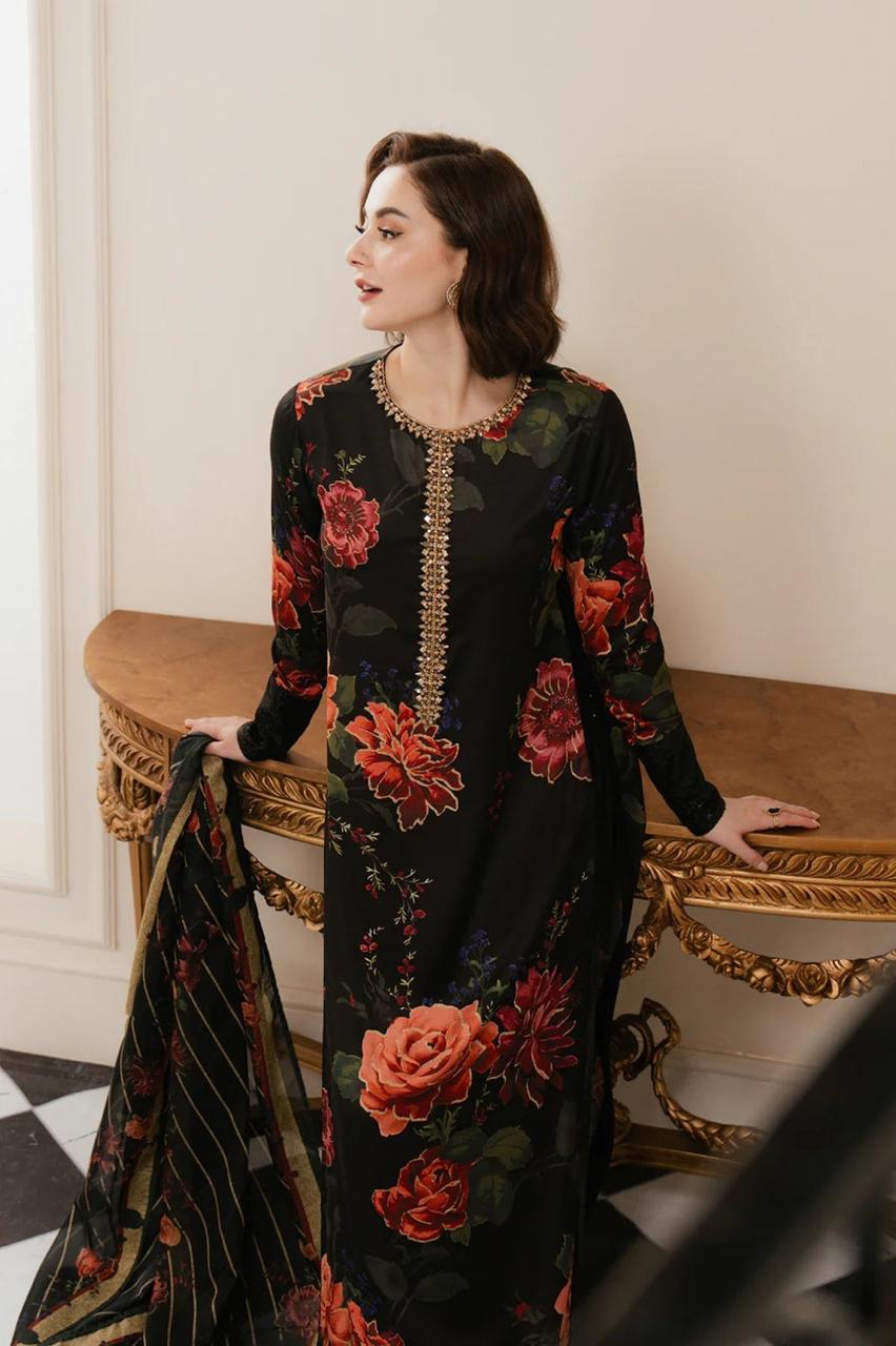 3 Piece Printed Raw Silk Suit with Striped Dupatta